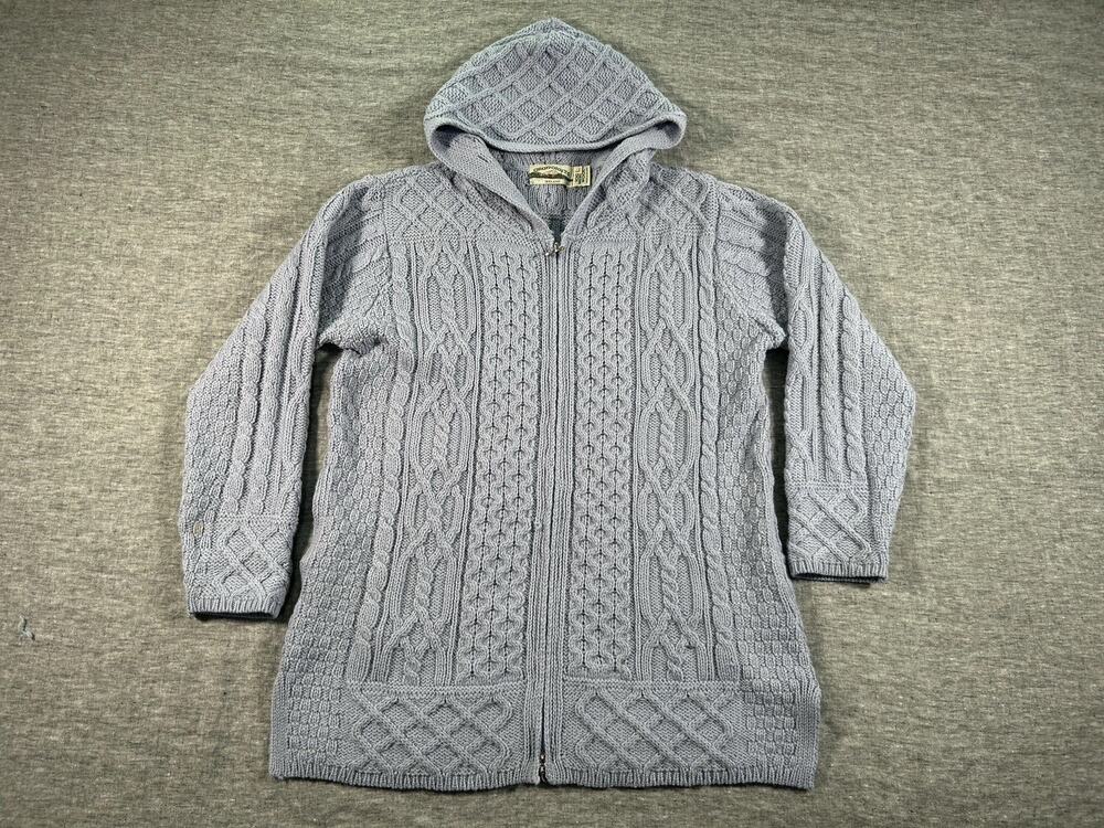 Aran Crafts Hooded Cardigan Sweater Womens Large Blue Merino Wool Knit Full Zip